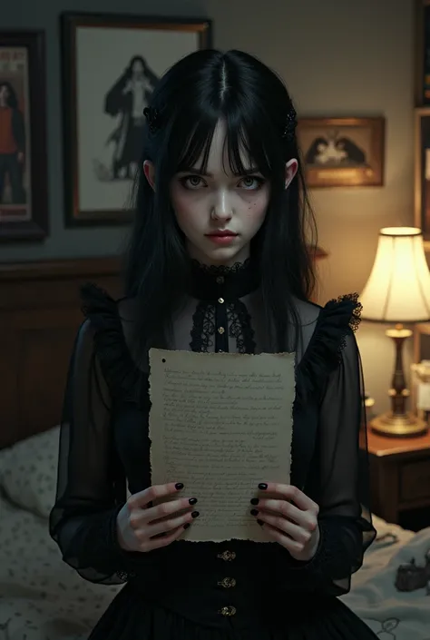 Generate a girl in the gothic style, who holds a piece of paper in both hands. In the background there should be a teenagers room. Realistic