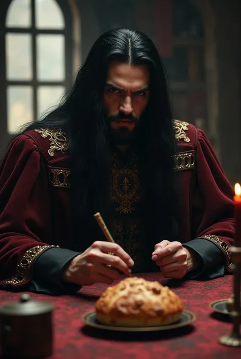 A vampire baron with long black hair , a neat beard in a gory jacket ,  decorated with gold accents appears from the darkness and shoots a mercenary in heavy armor in the back of the head.  country hut , table, еда на tableе,  bake .