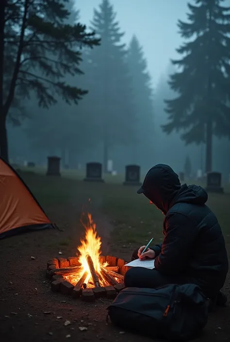  The image shows a person sitting on the ground in front of a fire .  The person is wearing a hooded jacket and is holding a pen and writing on a piece of paper.  There is a backpack next to the fire pit and a tent in the background .  The scene takes plac...