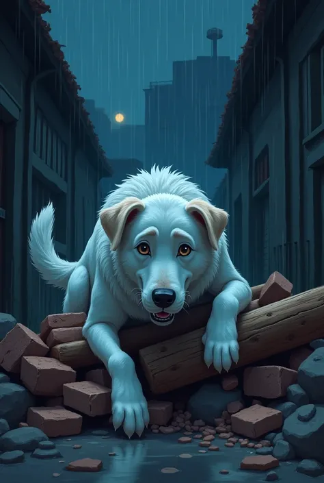  Its night and a storm hits hard . Max,  a large white dog ,  he is trapped under a pile of rubble ,  formed by wood and broken bricks .  His eyes show desperation ,  and one of its front legs is partially visible ,  trying to free themselves .  in the bac...