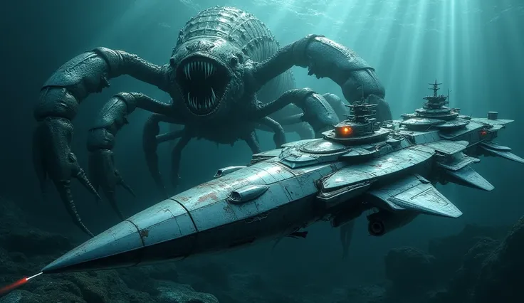 giant creature, Monster mix of prehistoric LION fish and giant R-style sea lobster. h.  Giger on the deep, dark ocean floor ,  AREA. IT ATTACKS A FUTURISTIC CHROME-PLATED UNDERWATER WARSHIP. The poor rays of sunlight that arrive highlight it with its bluis...