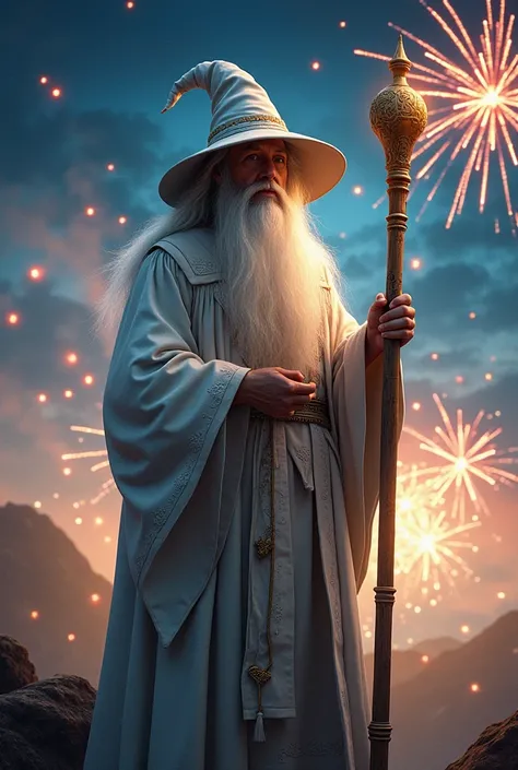 Gandalf with hat and white robes and staff decorated for New Years Eve against the background of an early night sky with fireworks