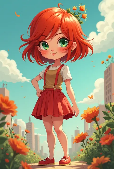 Cute girl, short and curvy, flcl style, small skirt, thick thighs, big ass, small breasts, green eyes,.red hair, freckles