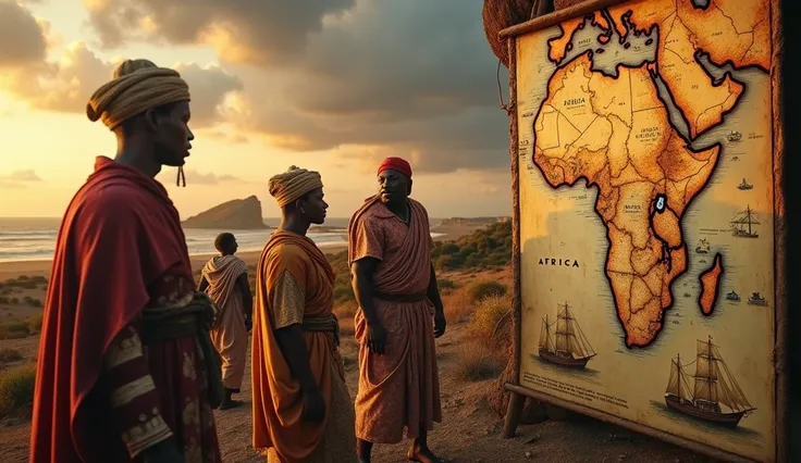  cinematic image , } ultra realistic in 4k for a thumbnail of a YouTube video about Africa during European colonization.  The scene shows an old map of Africa on the right side of the image,  with demarcated colonial borders , without country names . Aroun...