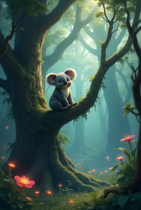 Gaspard the Koala On his eucalyptus tree in the mysterious forest 