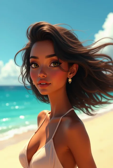 Morena praiana, of brown skin, Of the olive green eyes, plump lips, hair in the wind, Pixar model