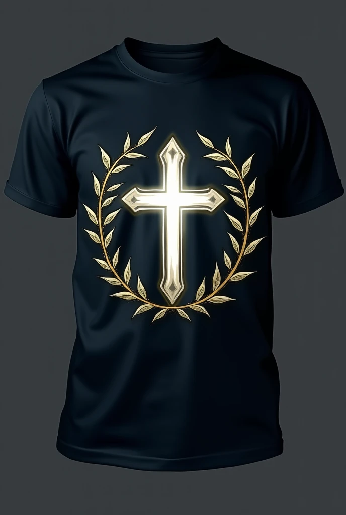 Créer moi un tee-shirt et un short avec un logo  chrétien ce logo doit avoir une croix avec une lumière dorée, blanche et un peu clair et cette croix doit être entourée dun cercle doré avec des feuilles dolivier. 