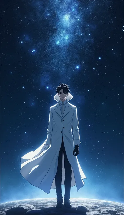  Draw a semi-realistic anime-style man, wearing a long white coat ,  that is in the middle of space ,  surrounded by bright stars 