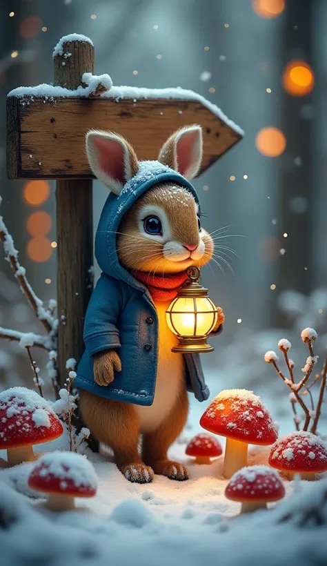 A cozy, enchanted winter forest scene featuring an anthropomorphic rabbit wearing a blue coat and hood, holding a glowing lantern. The rabbit stands beside a rustic wooden sig Vibrant red mushrooms with white spots are scattered in the snow around the base...