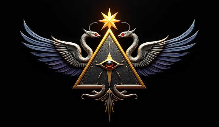 
*" A detailed and symmetrical 2D logo in shades of matte black ,  gold-plated metallic , aged silver ,  ruby red and deep blue . in the center,  a black pyramid with golden edges ,  forming a perfect equilateral triangle . in the center da pirâmide,  the ...