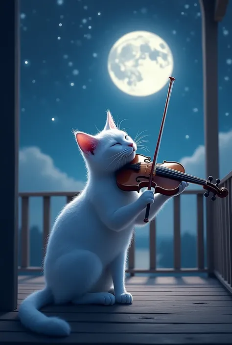 A white cat that plays the violin in the moonlight 