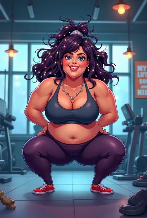  Create a cartoon image of a woman with lights in her overweight hair, with medium breasts at the gym doing squats free of leggings  