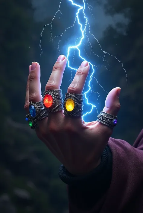 Une main de guerrier avec des bagues, les pierres de linfini et léclair de flash, A powerful and mind-controlling ring 