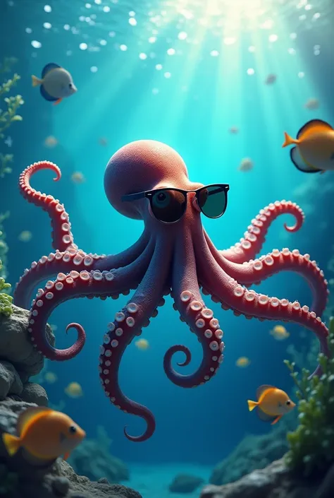 Imagine an image in an 8k quality, an octopus putting inside the sea going to put on a sunglasses