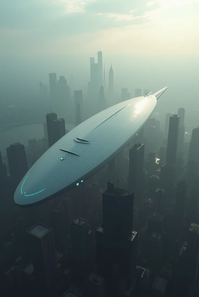  A gigantic elliptical ship with a smooth and reflective surface over New York City. The image is realistic, with an air of mystery and dark , tendo como principais cores o therefore, White e gray,  in addition to the presence of a haze in the environment ...