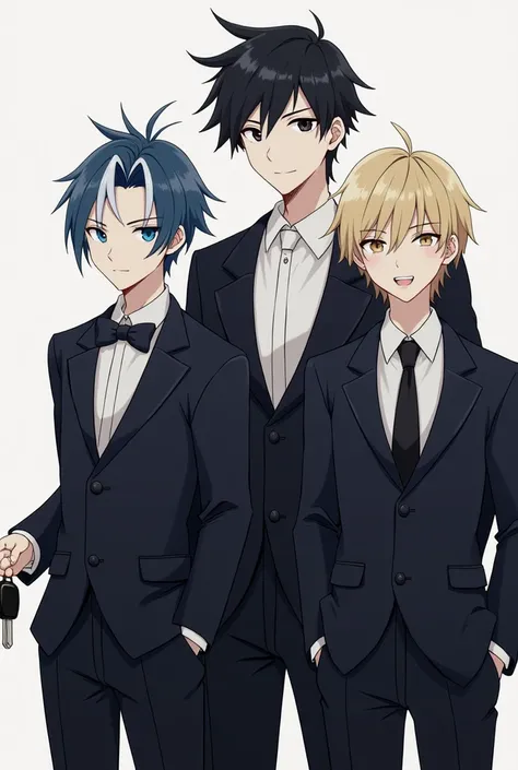 Behind three boys in formal attire ,  the middle one is the tallest ,He is 25 years old ,  have very black hair , shiny black eyes ,  He has a frown  ,  marked jaws and very white skin ,  the one on the right is 19 years old ,  is tall and has half-blue ha...