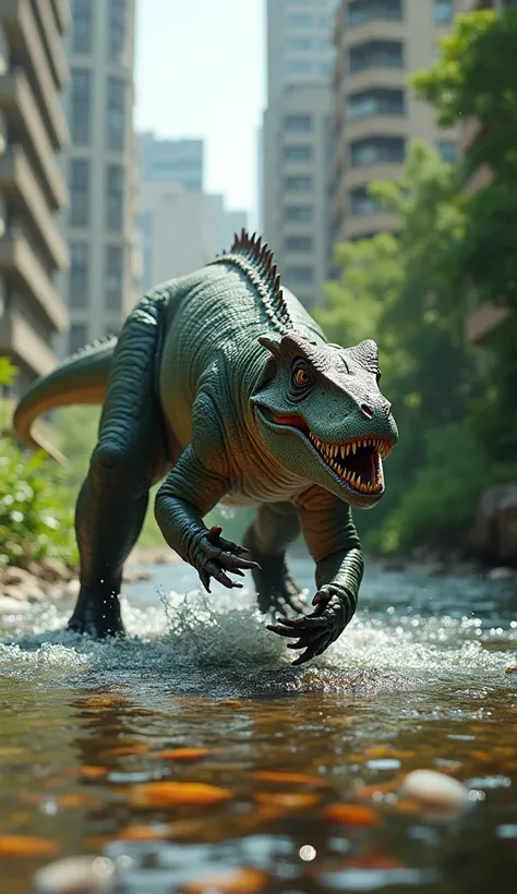 A gracefully stalking Baryonyx hunting fish in a river that cuts through a once verdant urban park. The sleek dinosaurs sinuous form is a striking contrast against the dilapidated cityscape in the background, its sharp teeth glinting in the sunlight. This ...