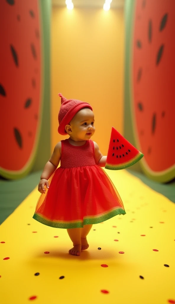 " The vibrant yellow runway gets a touch special with soft watermelon seed patterns scattered across the floor. next to,  translucent curtains create the feeling of being inside a slice of watermelon Giant watermelon .  The ceiling reflects soft lights in ...