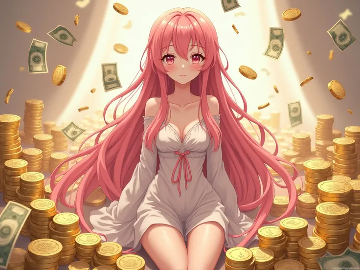 anime girl long pink hair money