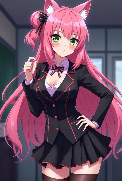   Mitsuri kanroji from the anime blade that cuts demons in a black and pink suit, a girls cat and stockings with pink hair, green eyes, cleavage and big boobs has sex with 3 guys at night at school in the office