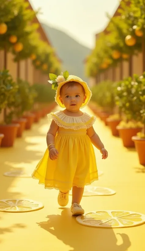 "The vibrant yellow walkway is adorned with subtle patterns of Sicilian lemon slices scattered on the floor., while small pots with mini lemon trees decorate the sides. The ceiling projects a soft golden light, simulating the glow of the sun. A  and 1 mont...