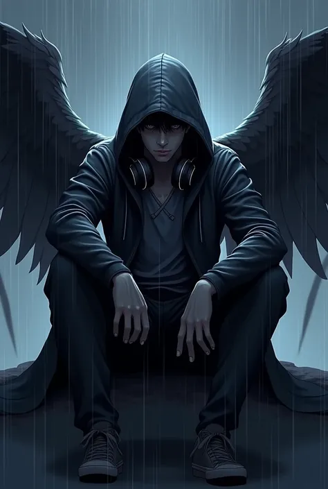 
Anime of a dark winged angel for men with JBL headphones but animated with rays in the rain with a black hood and with black mens JiN pants and in the center of the hood is the X you will put the headphones on your neck and that you are sitting