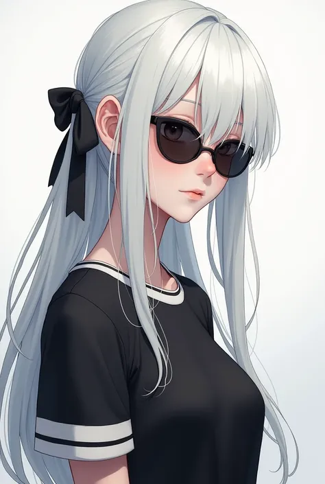 The girl has long white hair with a black bow on her back, a black sports t-shirt, dark glasses, and her eyes closed