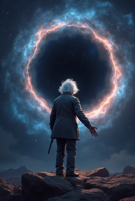 (the sign "infinity"), illustration that embodies human stupidity and greed, deformed figure of Einstein, background galaxy, black hole, graphic CG digital artwork