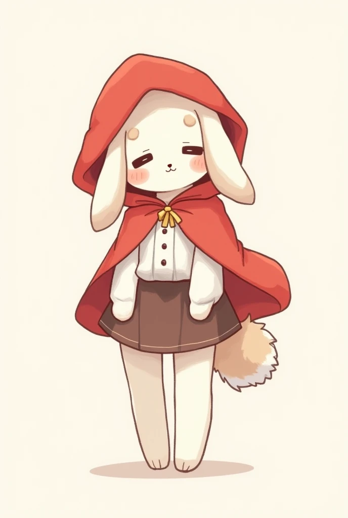 A humanoid furry rabbit character dressed as Little Red Riding Hood in a cute and minimalistic 2D manga-inspired art style. The character has long droopy ears, soft white fur with light brown patches, and a gentle, innocent expression. She wears a red hood...