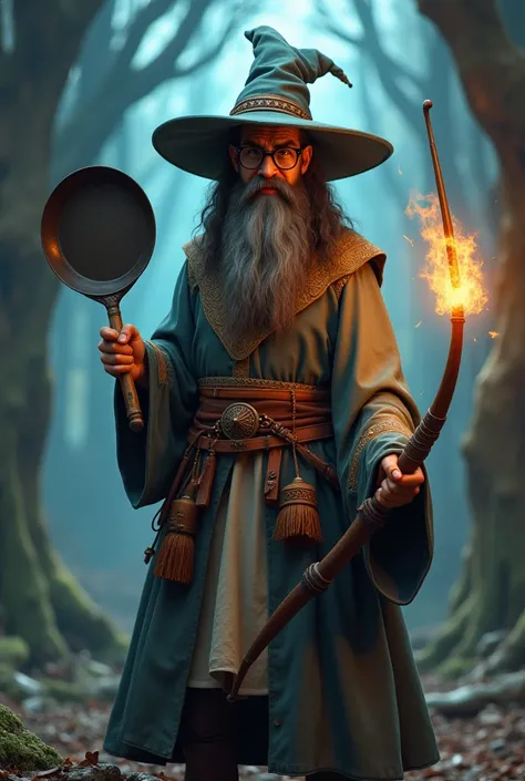 a wizard with a bow and frying pan in brown skin with square lenses wearing a tunic and pointed hat with a lightning scar on his forehead