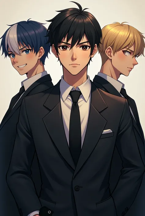 Behind three boys in formal attire ,  the middle one is the tallest ,He is 25 years old ,  have very black hair , shiny black eyes ,  He has a frown  ,  marked jaw y piel muy blanca,  the one on the right is 19 years old ,  is tall and has half-blue hair w...