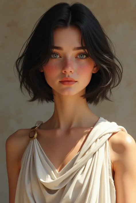  A brunette girl with black, short shoulder-length hair,  sky blue eyes,  freckles on his face , and a short Greek tunic 