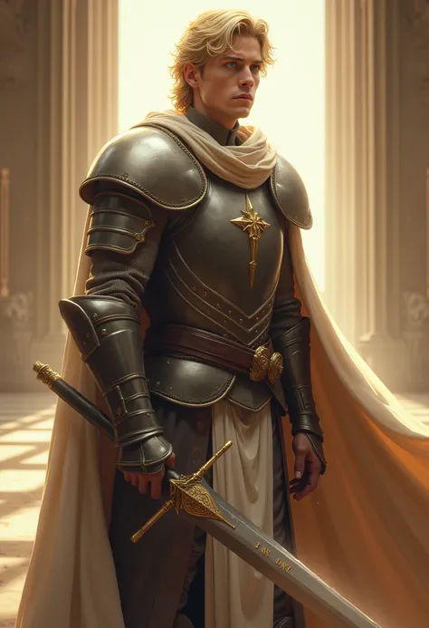  Young man, high,  strong and stately ,  with a poise and elegant . Your blonde hair,  slightly wavy ,  that fall gently just below the shoulders ,  contrasting with the firmness of her presence .  He wears simple armor , but sturdy ,  that covers her tors...