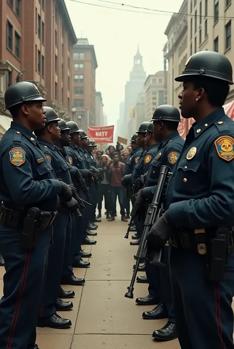 Police stand in front of black people demonstrating outside with guns drawn in 1960