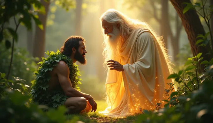 Ultra-realistic image of God with a glowing aura speaking to Adam in fear dressed in leaves 