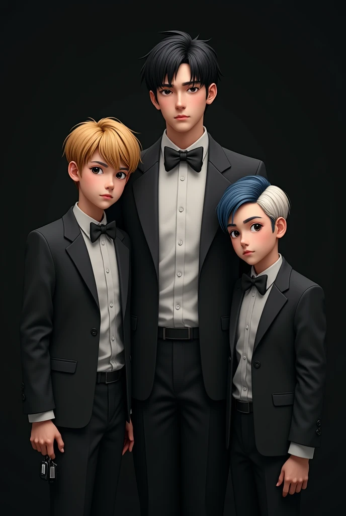 Behind three boys in formal attire ,  the middle one is the tallest ,He is 25 years old ,  have very black hair , shiny black eyes ,  He has a frown  ,  marked jaw y piel muy blanca,  the one on the right is 19 years old ,  is tall and has half-blue hair w...