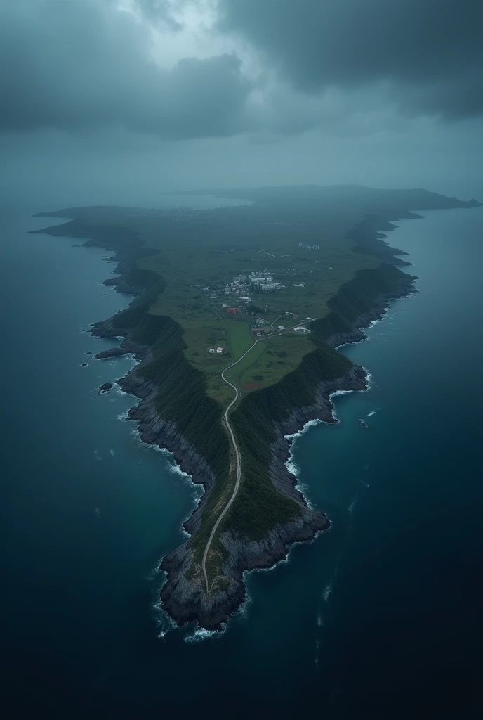 A giant island in the form of a continent in the middle of an ocean and the weather is at night with blackish clouds. The island is in the water and there are 4 cities, each one on one side and the picture is from above 