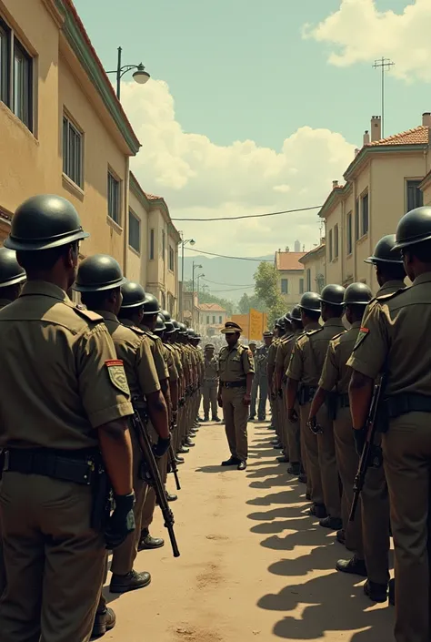 Police stand firing warning shots in front of shouting protesters in 1960s South Africa