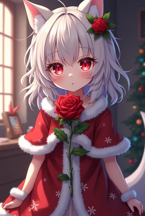  high resolution ,  masterpiece fails, Accuracy, anime,  Red eyes with crosses in their pupils,  Christmas costume, fluffy white hair , rose in hand ,  stands in front of the streamers room .