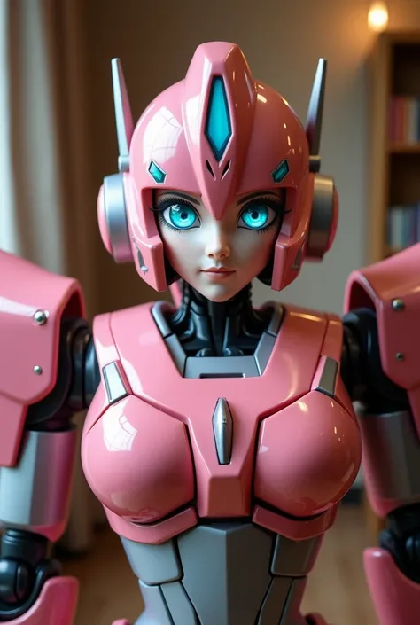   Elita-one the autobot from transformers in the family room. Looking at and standing up super close to the camera like a selfie 
Elita-one robot face
Pinkish bronze and light gray metallic autobot 
Small cute smile
Massive  robot breasts
Beautiful eyes