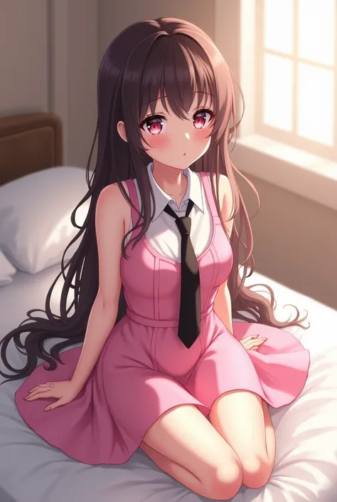 anime girl sitting on a bed with a pink dress and a black tie, an anime drawing by Ilya Kuvshinov, trending on pixiv, auto-destructive art, anime visual of a cute girl, cute anime girl, seductive anime girl, young anime girl, an anime girl, anime girl, att...