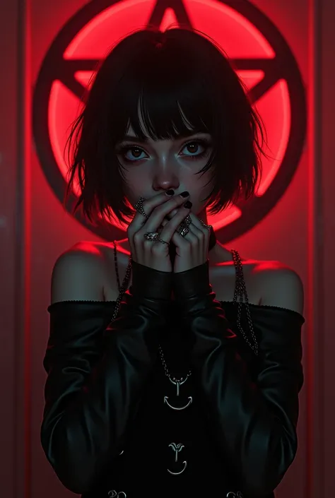  Girl with black hair,  Black eyes ,  covers her mouth with her hands ,  eyes relaxed , realism,  red and black , фон club,  girl in the foreground, shades of red , club, metalhead girl, piercing,  Dark colors ,  short hair, octopus pentagram,  Gothic Styl...