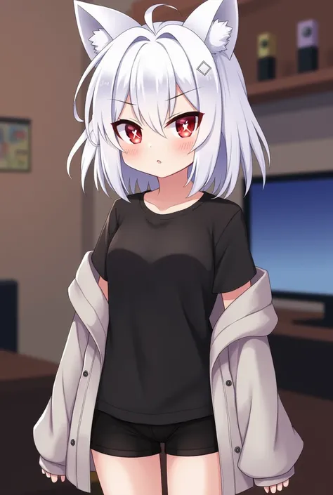  high resolution ,  masterpiece fails, Accuracy, anime, Red eyes with white crosses in their pupils,  black t-shirt, open sweater , shorts, fluffy white hair ,  stands in front of the streamers room .