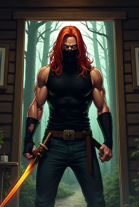  Bryce is a red-haired man with long hair and fair skin, with a black mask that hides your entire face.  The guy wears a black tank top and , holding ,  is a katana sword with a golden color .  in his left hand The man seems to be furious .  The setting is...