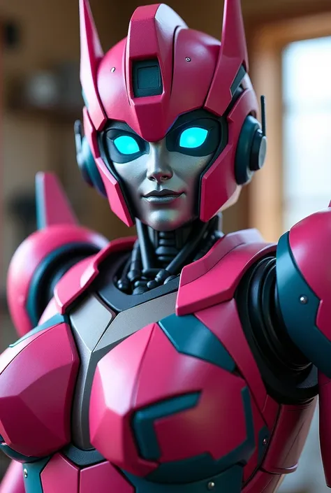  Arcee the autobot from transformers in the family room. Looking at and standing up super close to the camera like a selfie 
Arcee robot face
Dark pink amd blue metallic autobot 
Small cute smile
Massive even robot  breasts
Beautiful eyes