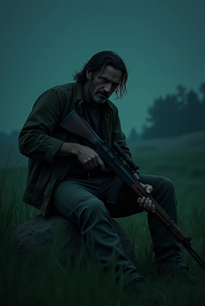  man in a green field ,  but tonight , the man is about 30 years old, Use a carbine ,  the lighting of the night ,  makes his face not fully visible,  is a dark image ,  his clothes resemble lumberjack clothes ,  more with a military touch ,  the colors of...