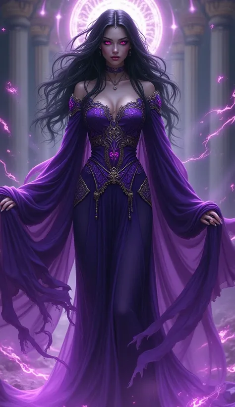  Goddess Eris with violet clothes, red eyes ,  with black hair 