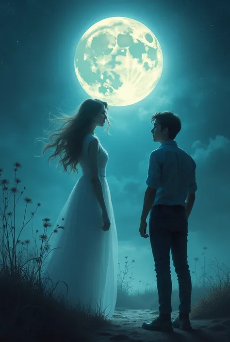 a man seeing a woman in the distance, under the full moon