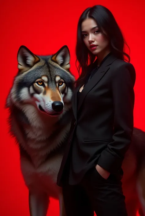 Lisa from Black Pink in a suit with a wolf close to her side and yours is red 