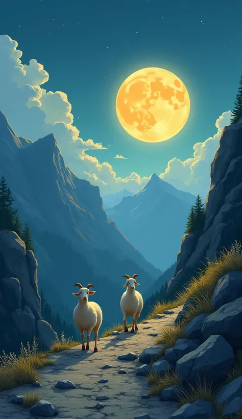 "The moon and the sun are the ren of two goats. Walking on the way to the mountains"
Details:
The moon and the sun are moving towards the mountains, the path is rocky and steep. The moon is determined on the eyes, while the sun is a little fearful but the ...